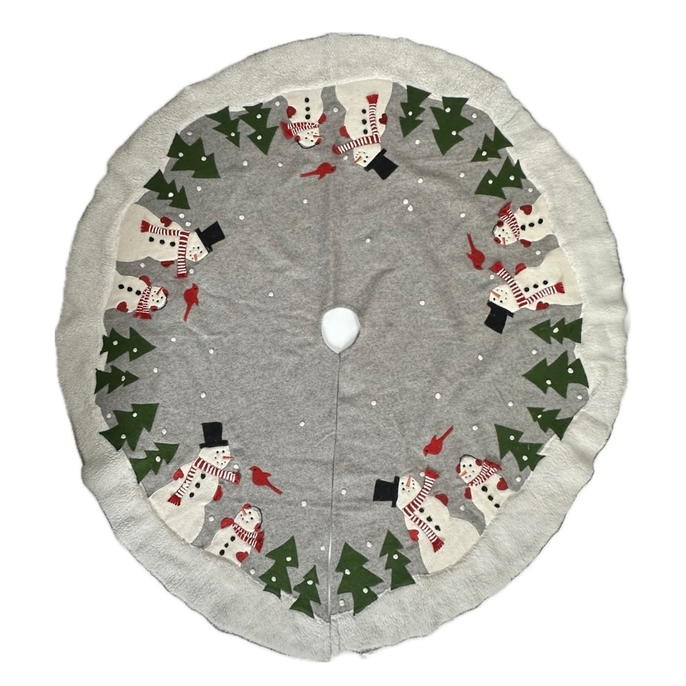 Crate & Barrel Snowman Christmas Tree Skirt Grey Wool Blend Faux Fur 52 Inch